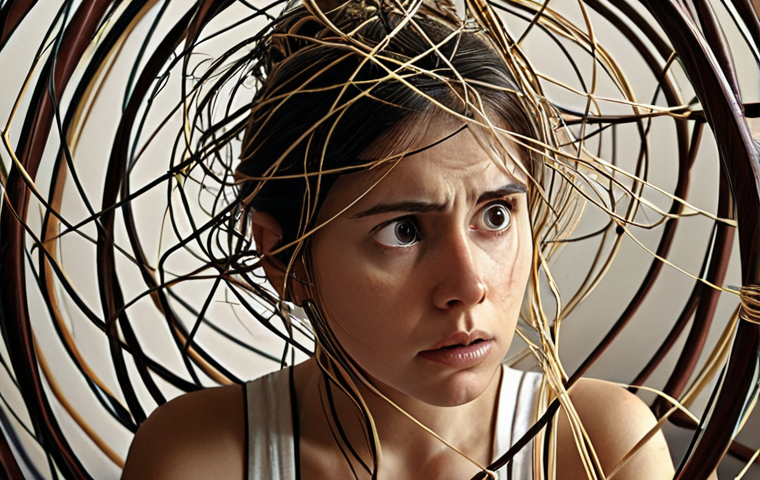 **
A person looking overwhelmed by a multitude of tasks and problems swirling around them, depicted as tangled threads. In the background, a clear, structured framework is faintly visible, offering a sense of order and solution. The overall tone is slightly stressed but hopeful, suggesting the potential for clarity.
**