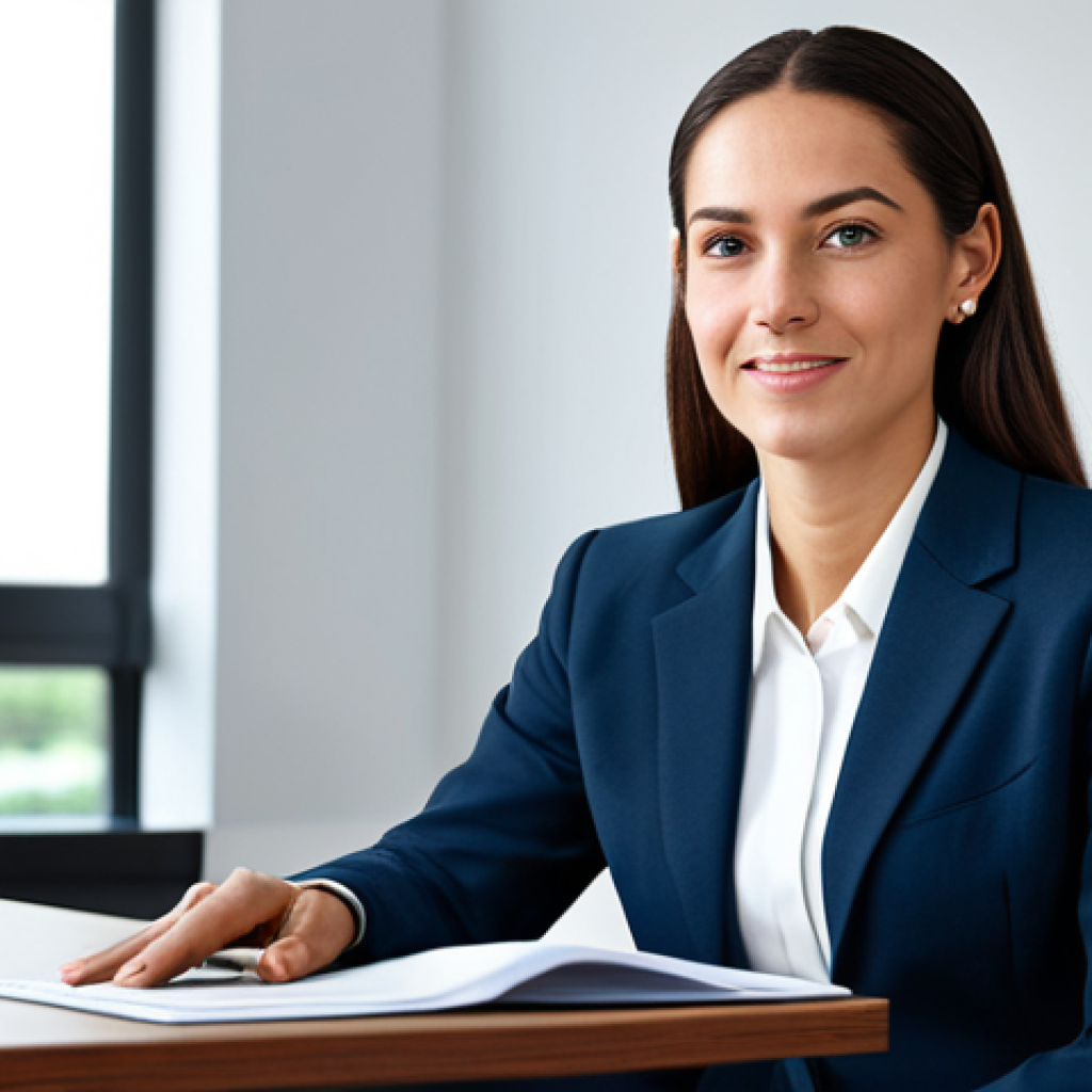 ** A professional businesswoman in a modest business suit, sitting at a desk in a modern office, fully clothed, appropriate attire, safe for work, perfect anatomy, natural proportions, professional photography, high quality, family-friendly.
**