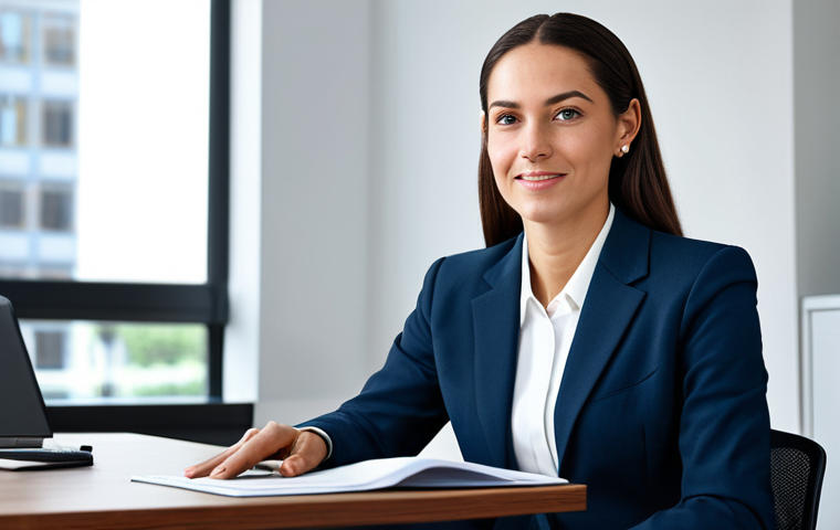 ** A professional businesswoman in a modest business suit, sitting at a desk in a modern office, fully clothed, appropriate attire, safe for work, perfect anatomy, natural proportions, professional photography, high quality, family-friendly.

**