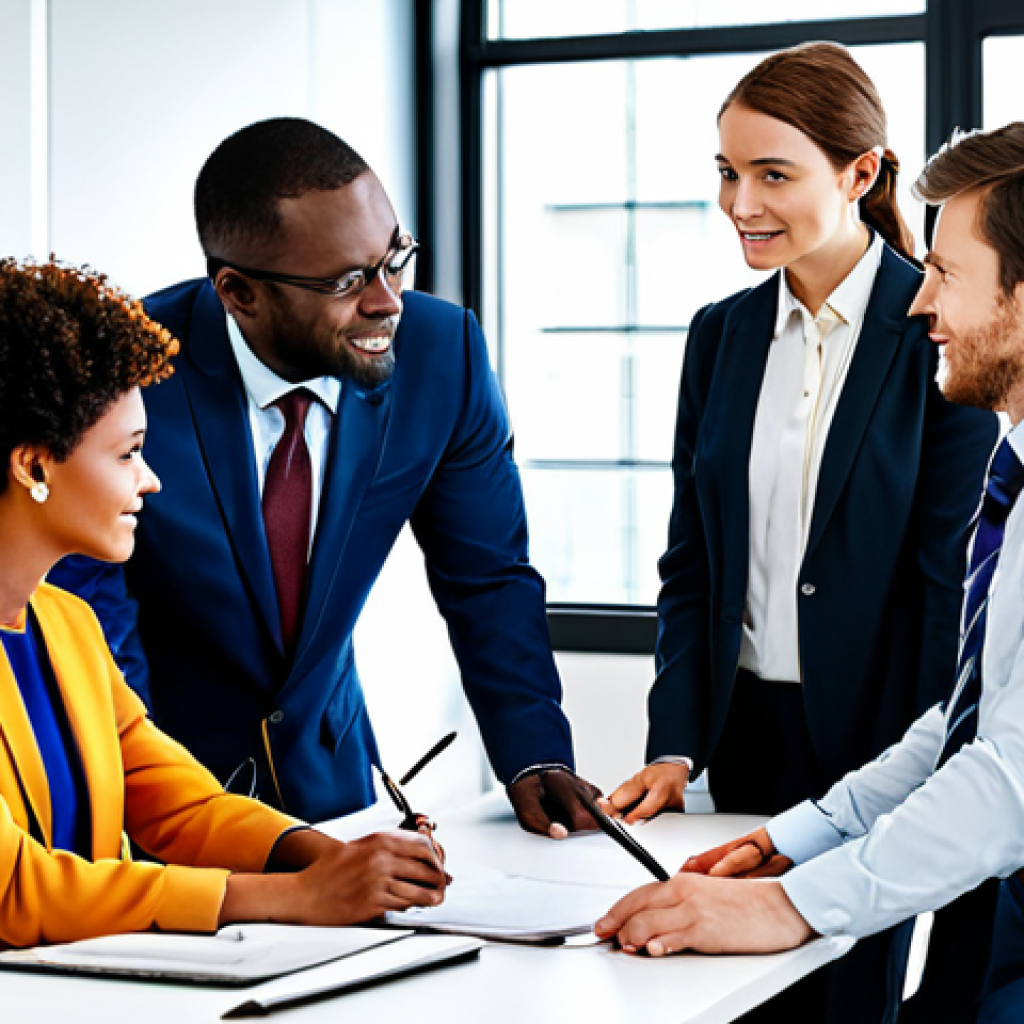 **
"A diverse group of professionals brainstorming in a modern office, fully clothed in appropriate business attire, safe for work, collaborative atmosphere, perfect anatomy, well-formed hands, natural expressions, professional environment, modest clothing, family-friendly."
**