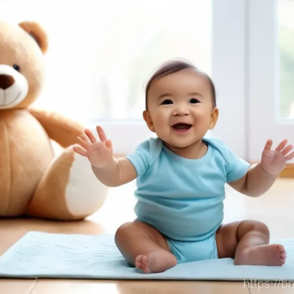 효과적인 생각 구조화를 위한 기본 원칙 - A joyful baby, approximately 10 months old, sitting on a soft, pastel-colored playmat. The baby is w...