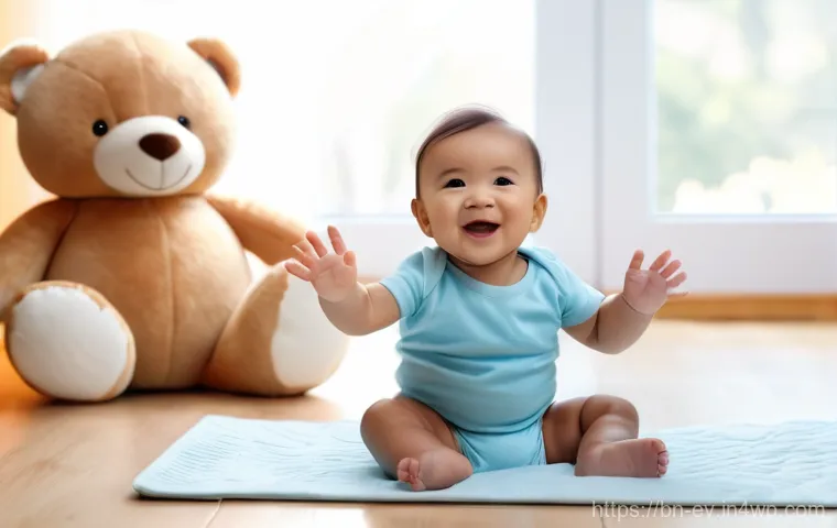 효과적인 생각 구조화를 위한 기본 원칙 - A joyful baby, approximately 10 months old, sitting on a soft, pastel-colored playmat. The baby is w...