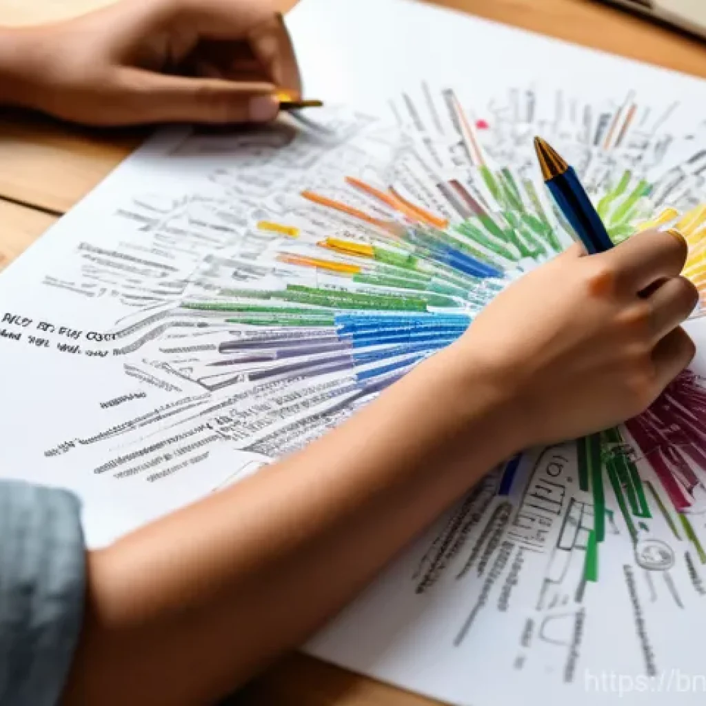 생각 구조화의 실제적 도구와 기법 - **Prompt:** A vibrant, highly detailed mind map spread across a large, clean white sheet of paper on...