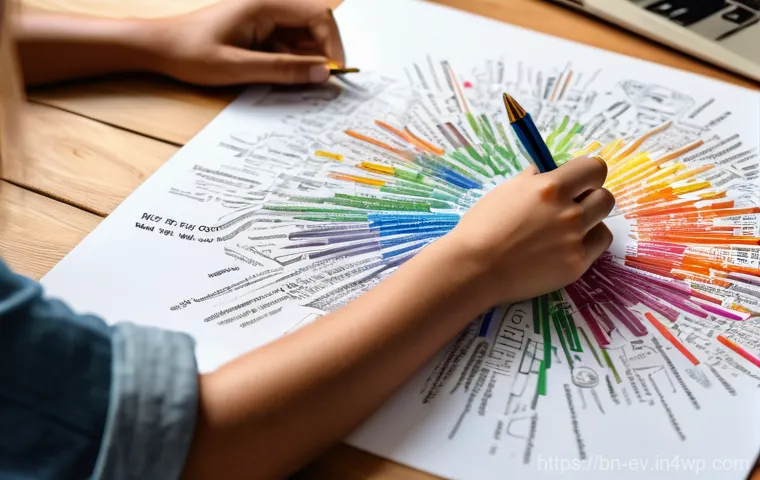 생각 구조화의 실제적 도구와 기법 - **Prompt:** A vibrant, highly detailed mind map spread across a large, clean white sheet of paper on...