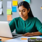 생각 구조화 프레임워크의 필요성 - A focused Bengali professional woman sitting at a modern desk with a laptop and digital mind mapping...