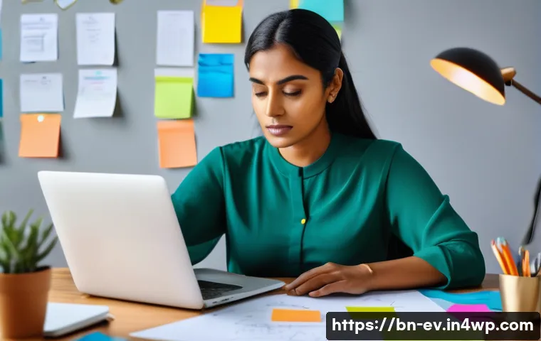 생각 구조화 프레임워크의 필요성 - A focused Bengali professional woman sitting at a modern desk with a laptop and digital mind mapping...