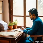전문가용 생각 구조화 기법 소개 - A serene workspace scene featuring a Bengali professional thoughtfully analyzing complex ideas, surr...