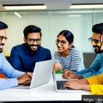 생각 구조화 기법으로 팀 성과 향상하기 - A diverse Bengali team collaborating in a bright, modern office space, focused and unified in their ...