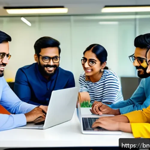 생각 구조화 기법으로 팀 성과 향상하기 - A diverse Bengali team collaborating in a bright, modern office space, focused and unified in their ...