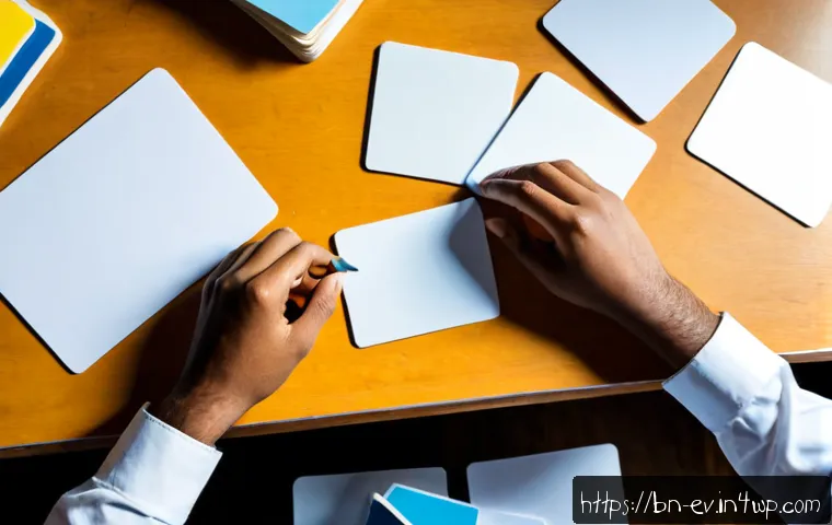 생각 구조화의 디자인 사고 접근 - Photorealistic overhead view of a Bengali professional at a clean wooden desk organizing blank color...